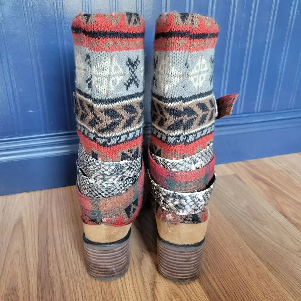 MUK LUKS Nikki Boots Size 7 Suede Winter Slouch Multi-Color Nordic Knit